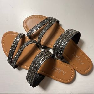 Sugar Silver Beaded Black Strappy Flat Sandals